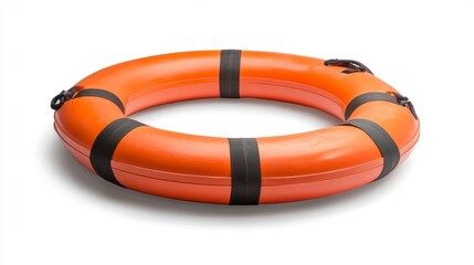 Orange life preserver ring with black straps isolated on white background.