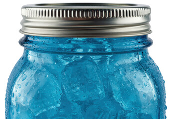 A closeup of a blue glass jar filled with ice cubes and condensation, topped with a metal lid isolated on transparent background