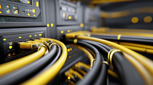 A close-up shot of server cables and network devices in a data center, highlighting technology and connectivity. - Powered by Adobe