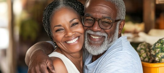 Joyful senior couple embracing, celebrating their enduring love and strong partnership together.