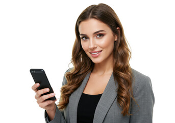 A smiling young woman in a grey blazer holding a smartphone, looking at the camera isolated on transparent background