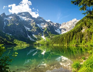 Scenic alpine lake reflecting mountains
