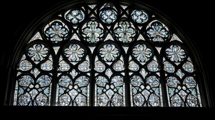 Intricate Stained Glass Window with Floral Designs and Dark Architectural Framing