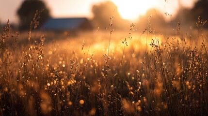 Golden sunrise through tall grass