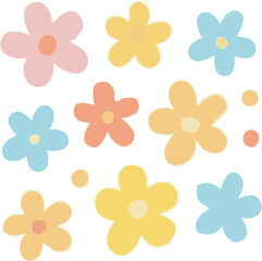 A pattern of simple, pastel-colored flowers on a white background.