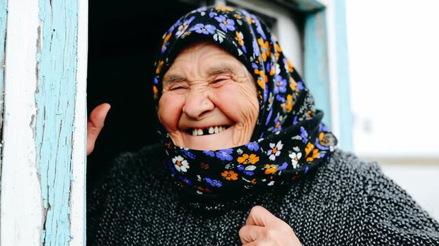 Elderly woman smiling with floral headscarf