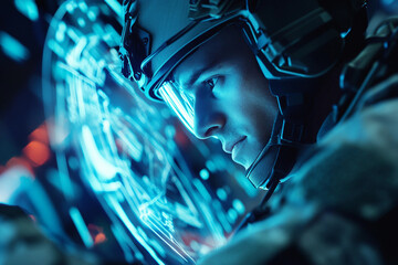 Futuristic soldier aiming through advanced ai hologram interface for military defense control, generative ai