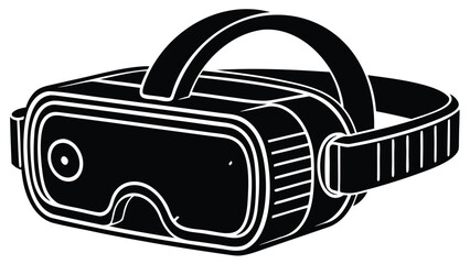 A black and white illustration of a virtual reality headset with a head strap and a lens on the front