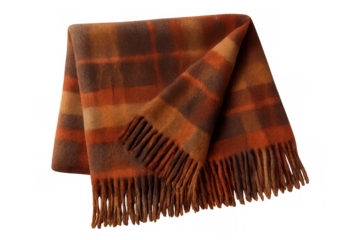 Folded orange plaid wool blanket with fringes isolated on transparent background, perfect for cozy winter days