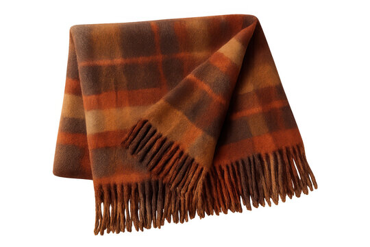 Folded orange plaid wool blanket with fringes isolated on transparent background, perfect for cozy winter days