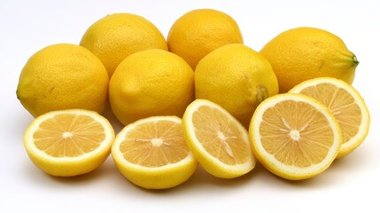 Fresh whole and sliced lemons on white background.