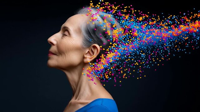 Elderly woman with vibrant pixel explosion effect