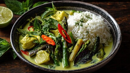 Green curry with vegetables and rice