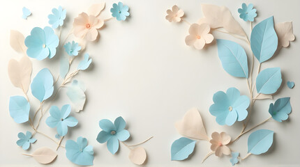 Obraz premium Paper Flowers and Leaves on White Background, Floral Design, Pastel Colors, Craft Art