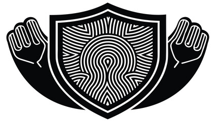 Shield emblem with line pattern and hands holding it on both sides in black and white color scheme