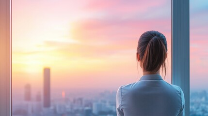 Window Businesswoman standing by a window, looking at the skyline while thinking deeply.
