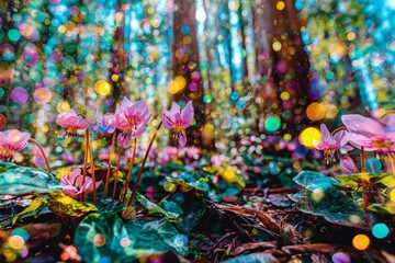 Colorful Pink Flowers In A Magical Forest