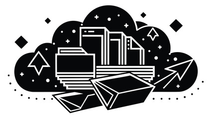 Black and white illustration of cloud storage with files folders and upward pointing arrows around it