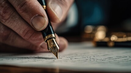 Hand holding fountain pen over document