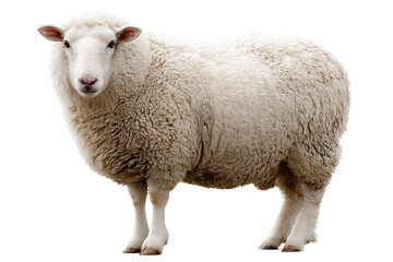 Obraz premium High‑resolution sheep PNG cutout on transparent background with realistic wool texture and natural shadows for farm animal branding, dairy product packaging, e‑commerce mockups, kids educational