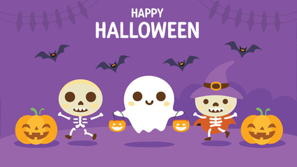 Happy halloween scene with ghost, skeletons, pumpkins and bats on a purple background design