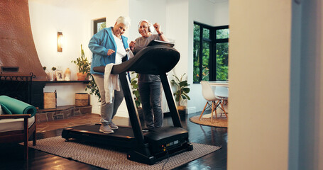 Treadmill, music and senior couple in home for dance, fitness and training together. Cardio machine, woman and man with headphones for steps, workout and happy with audio for health in retirement