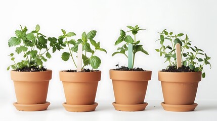 Fototapeta premium Herb Garden Containing Mint, Coriander, Basil, And Lemongrass Arranged In Clean Terracotta Pots. Each Pot Is Labeled With A Color-Coded Stick (No Text Shown). Background Is Plain Whi