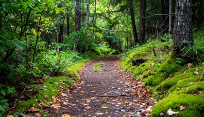 Fototapeta premium Serene forest path with lush green foliage.