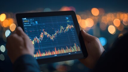 Hands holding a tablet displaying financial data at night