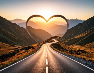 Scenic mountain road through heart-shaped frame at sunset