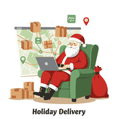 Santa tracking gifts on laptop flat icon red cream green isolated