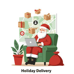 Santa tracking gifts on laptop flat icon red cream green isolated