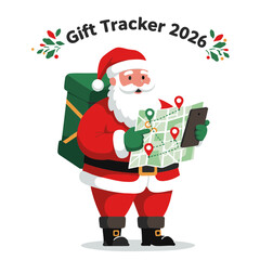 Santa tracking map on tablet flat vector icon red green on white