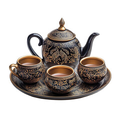 Arabic tea set with cups and tray isolated on transparent background