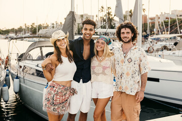 Happy friends embracing on a pier near sailboats, enjoying their summer holidays together