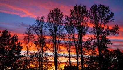 Naklejka premium Colorful sunset over trees