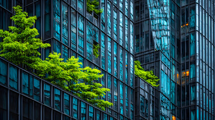 Abstract Lines and Light Reflections on Green Glass Structure