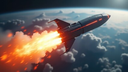 Futuristic spacecraft launching into space with vibrant flames.