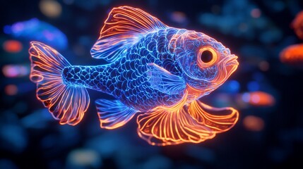 Fototapeta premium Glowing Fish Swims in Deep Ocean, Digital Art