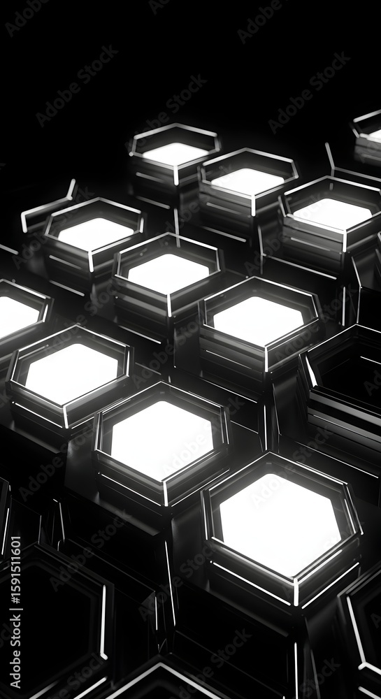 Poster abstract composition of illuminated hexagonal shapes, arranged in a complex, layered pattern against