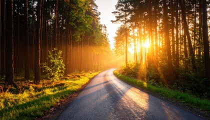 Obraz premium Sunlit forest road at dawn
