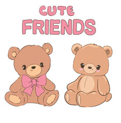 Cute Teddy Bear Friends with Pink Bow Adorable Hand Drawn Vector Illustration