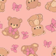 Cute Teddy Bear and pink bow pattern seamless, vector illustration Hand Drawn Cute print design