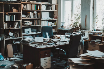 Generative AI depiction of messy interior workspace in abandoned scientific research laboratory with books and equipment