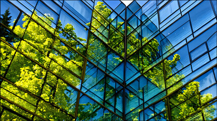 Modern Office Facade with Vertical Green Glass Lines
