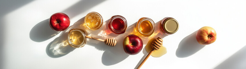 Honey jars and red apples, nicely arranged, created with AI