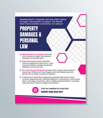 Property Damage and personal law Flyer design template. hexagon shape for photo space and elements. combination purple and pink colors isolated on white background.