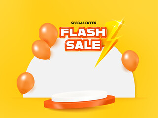 Flash Sale podium display. Composition design with 3D thunder bolt and balloon. Sale banner template.