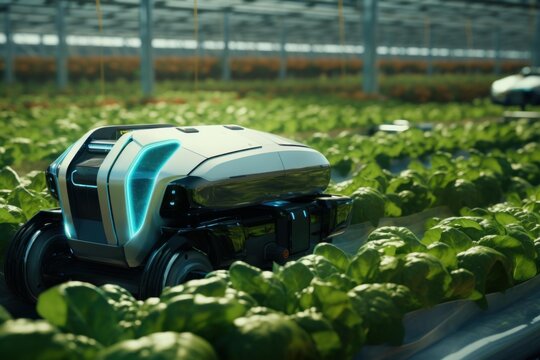 Autonomous robot farming crops in greenhouse, smart agriculture and automated harvesting - Powered by Adobe