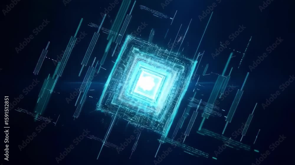 Poster digital technology tunnel with glowing blue squares moving through cyberspace, abstract data visuali